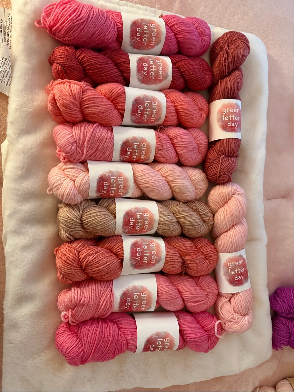 Green letter day, pink yarn